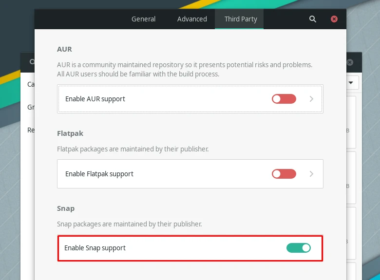 Enabling snap support through Pamac settings