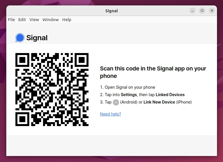 Scan the QR code to get started using Signal on Ubuntu