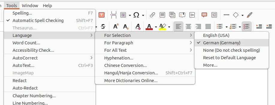 Tools menu showing the language selection options