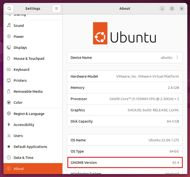 The details of the About tab showing the GNOME version installed