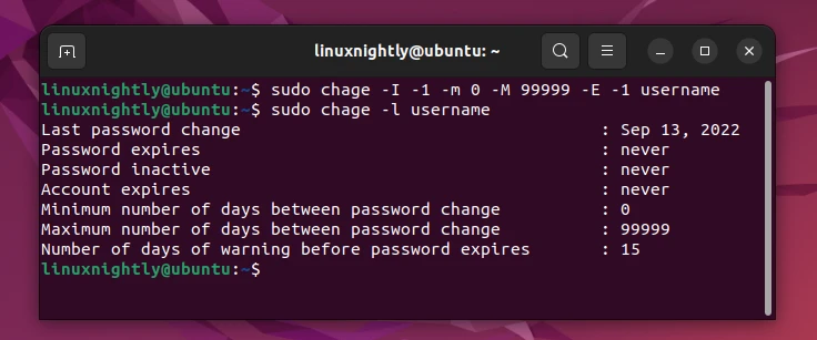 Output showing how to set a password's date to never expire