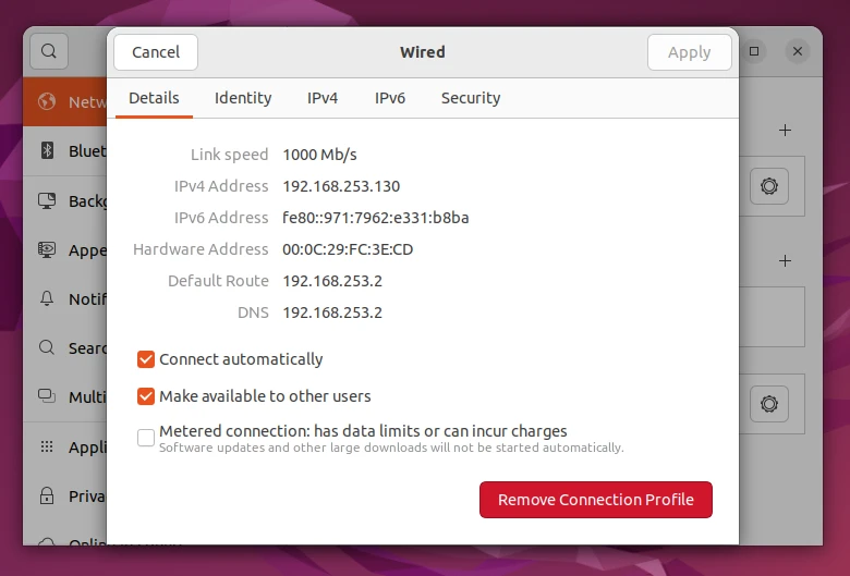 Viewing IPv4 and IPv6 address in GNOME settings