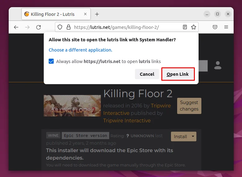 Giving Lutris permission to open installation link