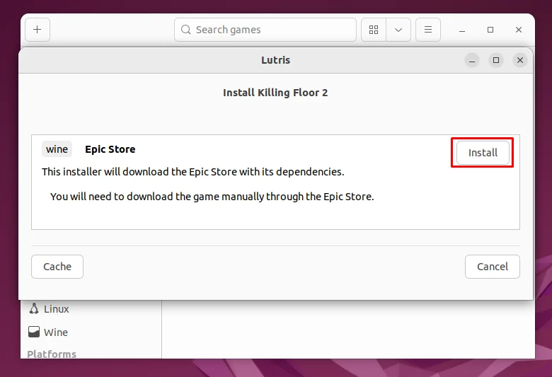 Lutris installation prompts for a game