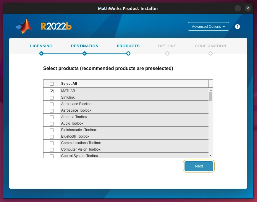 Selecting Matlab products