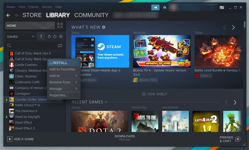 Installing a game on Steam client