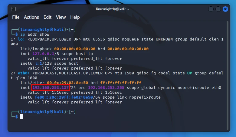 Output displaying private ip information using ip command