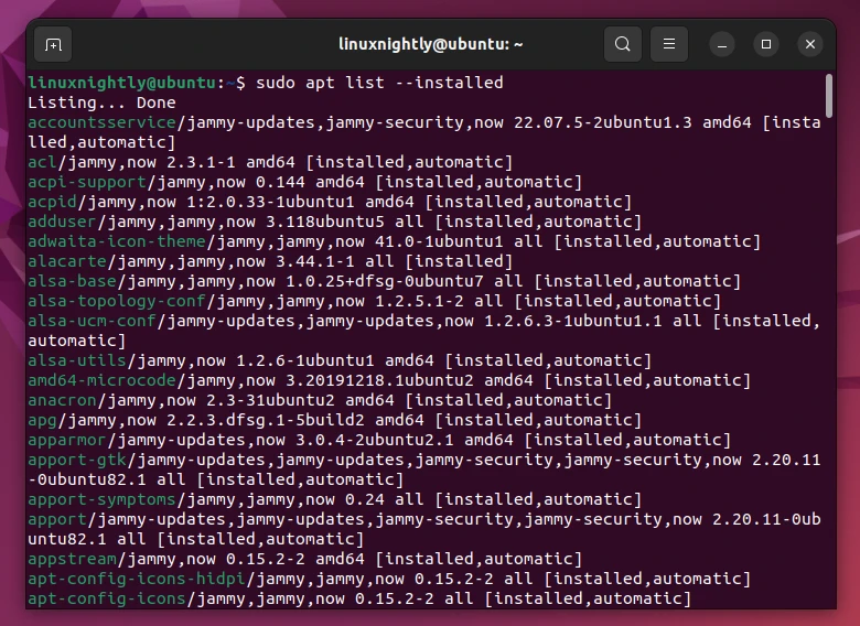 List of packages installed in Ubuntu