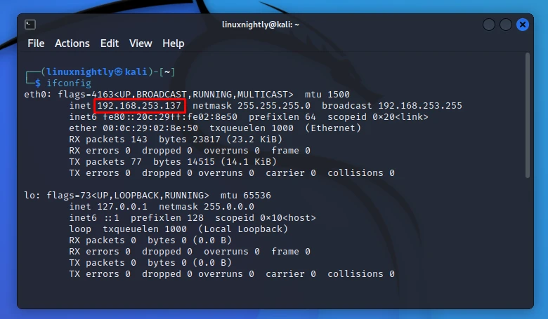 Output displaying private ip information using ifconfig command