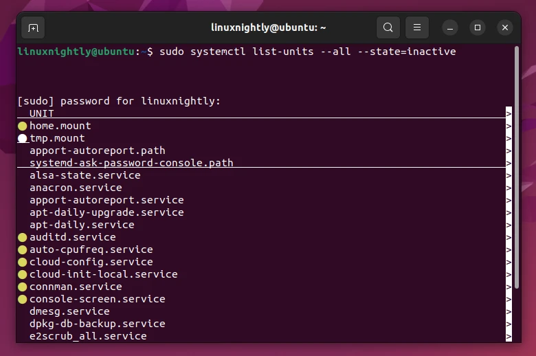 Listing only inactive services using systemctl