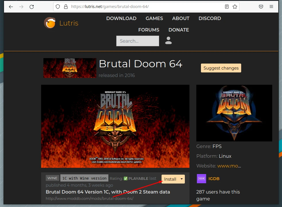 Installing a game via Lutris website