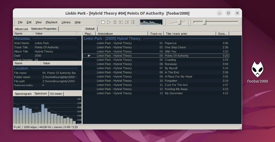 Foobar2000 application on Ubuntu playing music