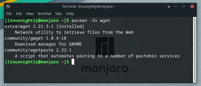 Output of the packages that contain the name wget