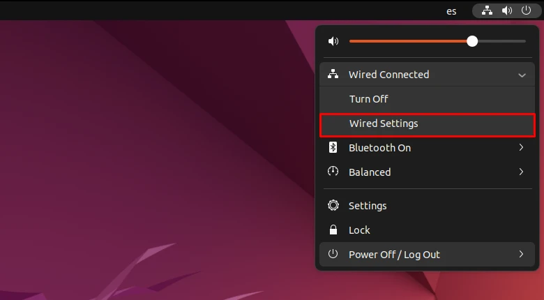 Opening Wired settings on Ubuntu
