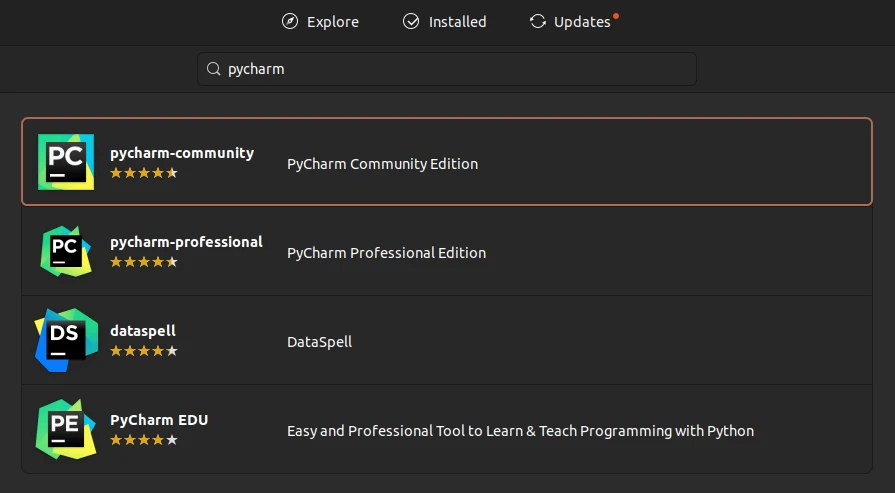Searching for PyCharm on Ubuntu Software