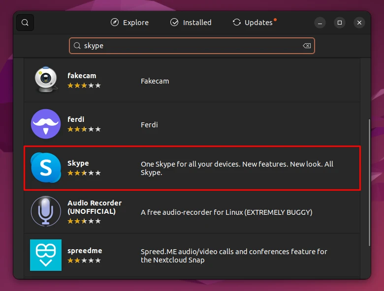 Searching for Skype in the Ubuntu Software menu