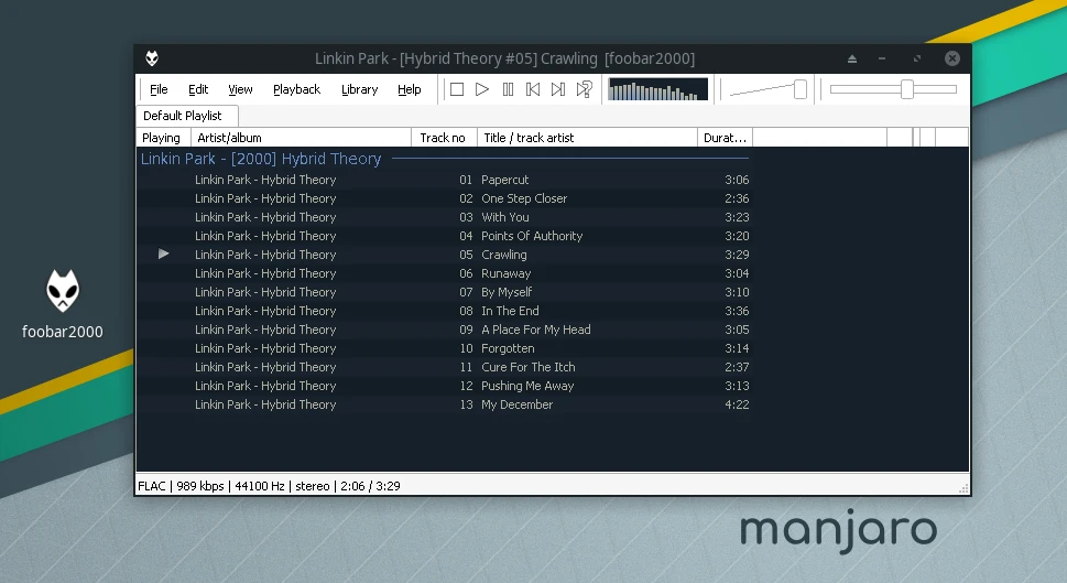 Foobar2000 application on Manjaro playing music