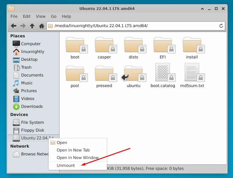 Unmounting an ISO file in Xubuntu