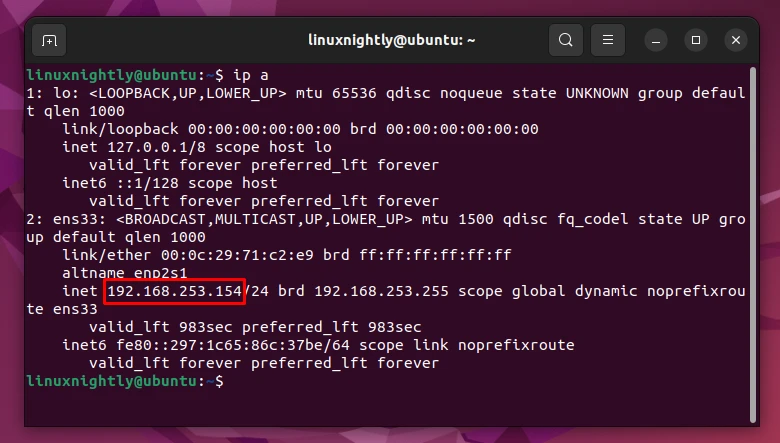 Output of the private IP information in Ubuntu