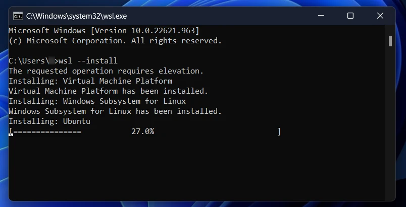 Ubuntu is being downloaded and installed for WSL
