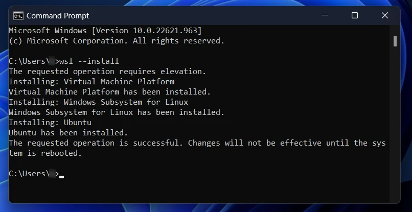 Command output indicating successful installation of Ubuntu for WSL