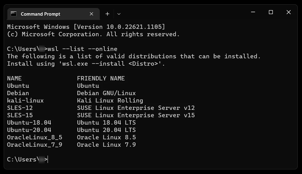 Command prompt listing distros available for installation on WSL