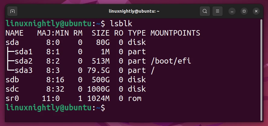 Output displaying partition information using lsblk command