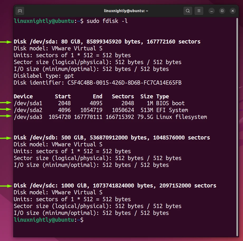 Output showing hard disk information using fdisk command