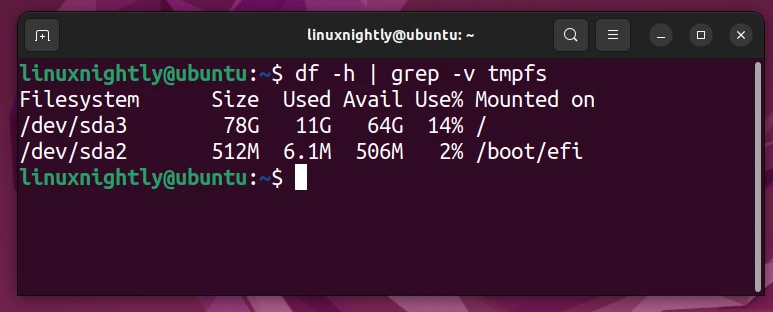 Output showing mounted partition information using df command