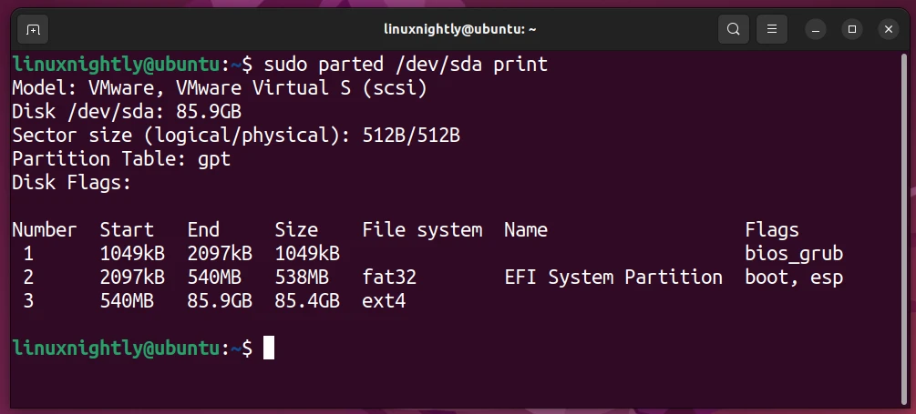 Output of disk partition information using parted command tool