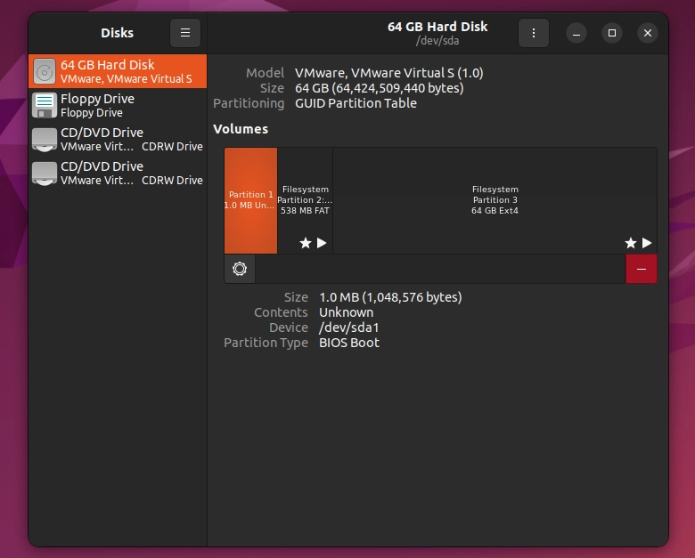 Using the Disk application on Ubuntu to view partition info